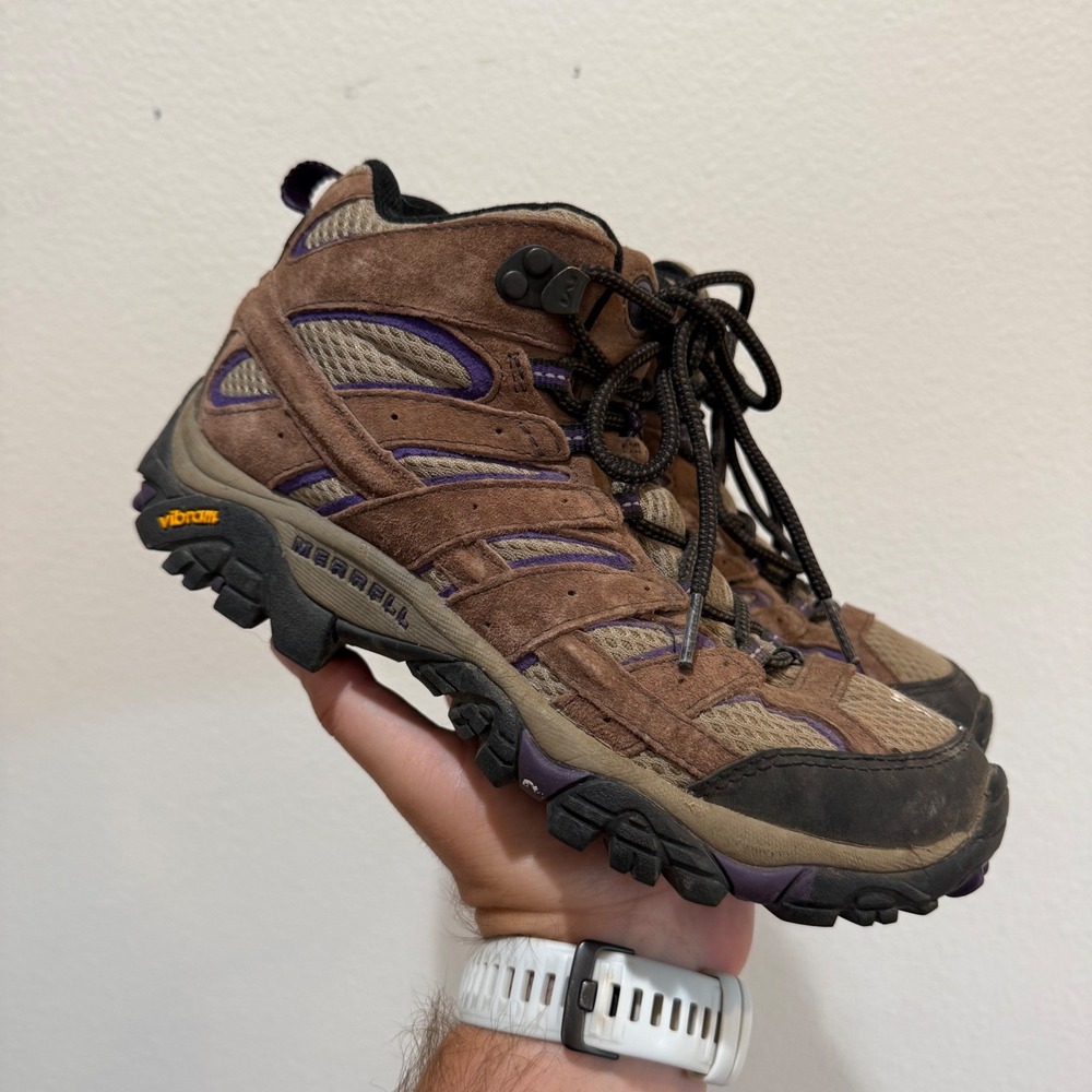 Merrell Moab 2 Mid Hiking Boots Womens 7.5 Brown Purple Suede Vibram J06050